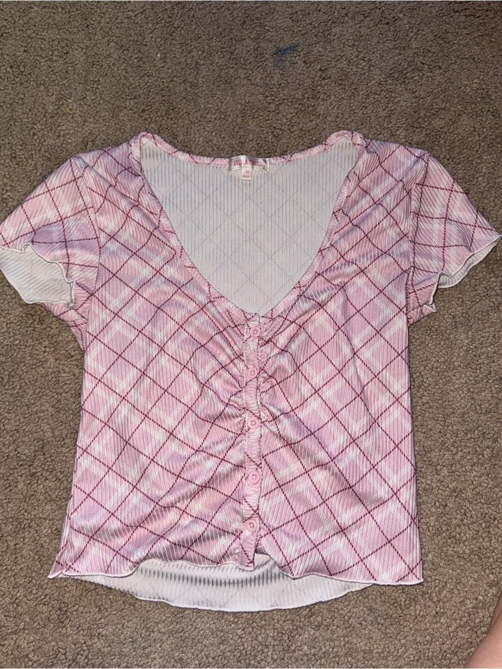 Stella Tweed Pink Plaid Short-Sleeve Button Front Top